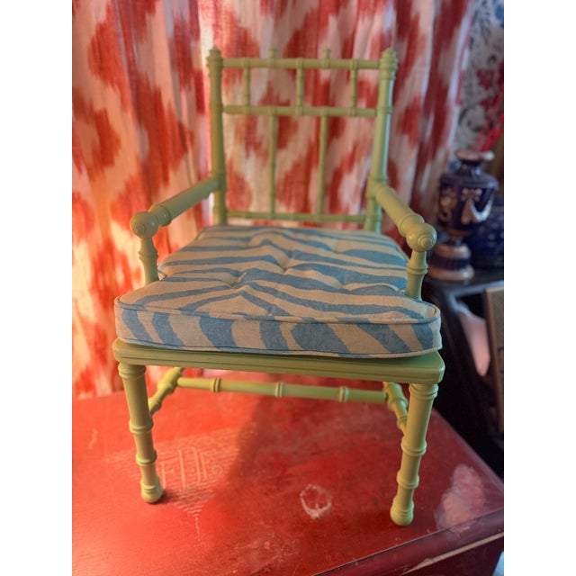 2000 - 2009 Arts and Crafts Style Faux Bamboo Child’s Chair in Apple Green With Contemporary Cushion For Sale - Image 5 of 8