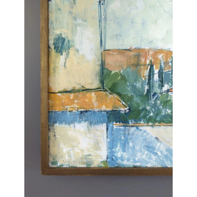 Orange Mid-Century Modern "Rustic Houses" Vintage Swedish Landscape Oil Painting, Framed For Sale - Image 8 of 12