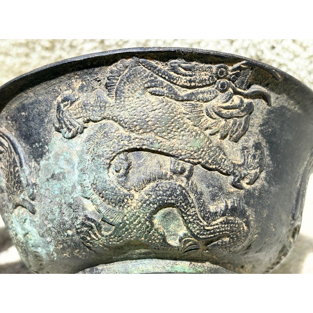 Coffee Antique Chinese Pair of Apocryphal Qing Dynasty Bronze Dragon Phoenix Fish Bowls For Sale - Image 8 of 12