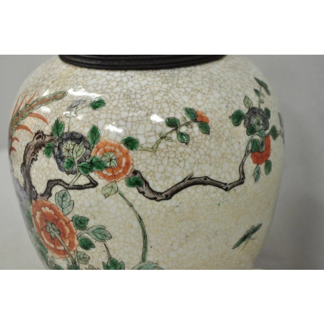 Antique Oriental Porcelain Bulbous Vase Bird Painted Table Lamp W/ Shade For Sale In Philadelphia - Image 6 of 12