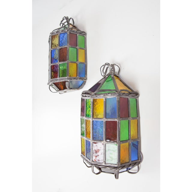 Blue Lead and Stained Glass Wall Sconces, 1970s, Set of 2 For Sale - Image 8 of 10