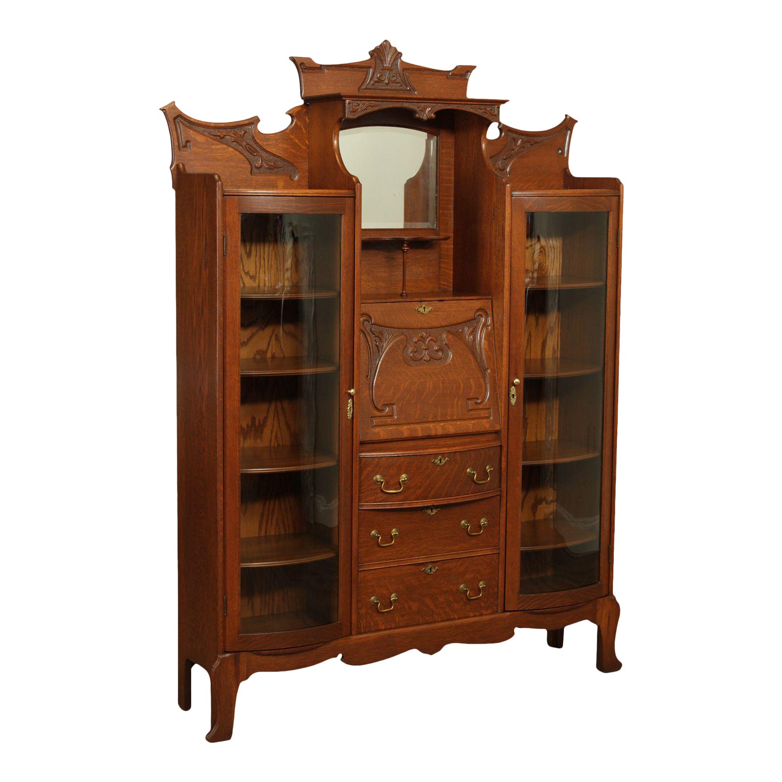 Antique Victorian Oak Double Side By Side Bow Glass Bookcase Secretary Desk Chairish