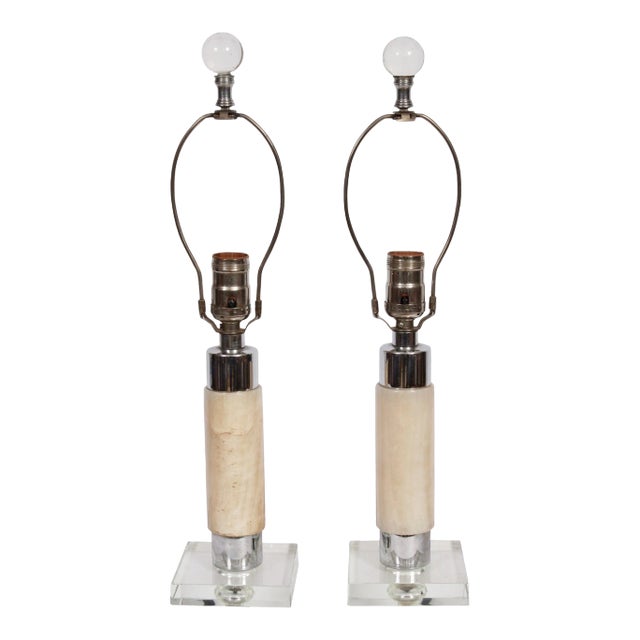1940s Walter Von Nessen Style Tan Onyx, Crystal & Chrome Bedside Lamps - a Pair For Sale