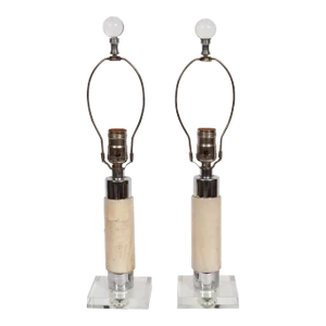 1940s Walter Von Nessen Style Tan Onyx, Crystal & Chrome Bedside Lamps - a Pair