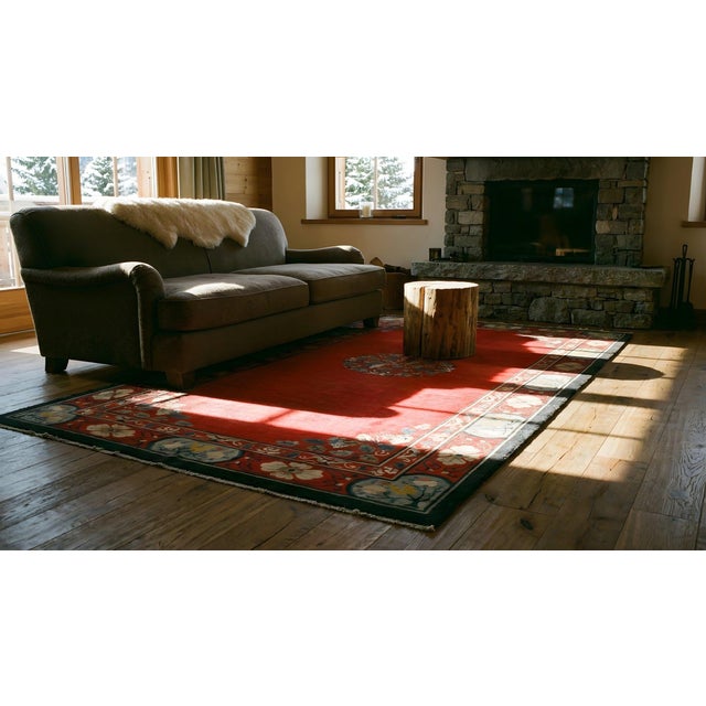 Excellent Red Color With Special Asymmetric Knots and Floral Design Antique Chinese Peking Rug For Sale - Image 11 of 13