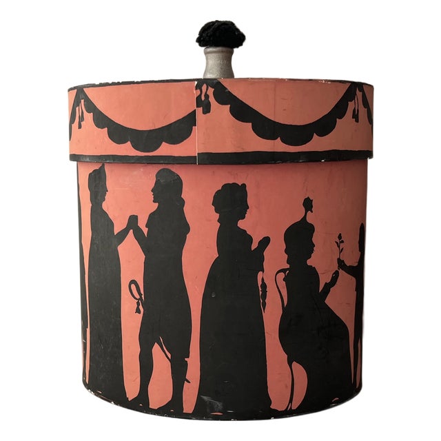 Vintage Oval Wallpaper Box by Atelier of Hudson, New York With Black Regency Silhouettes on a Pink Ground For Sale