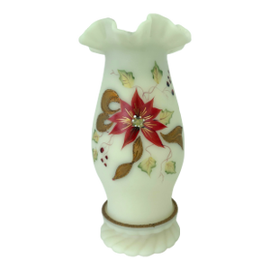 1980s Fenton Signed Hand-Painted Custard Glass Candleholder With Red Poinsettia
