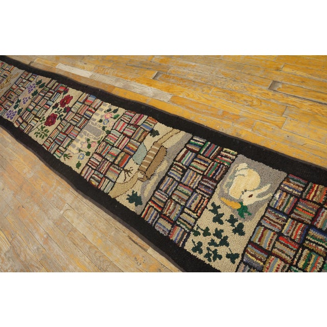 Early 20th Century 1930s Multicolor Scene Pictorial Folk Art American Hooked Rug Runner 2' X 19' Handknotted Wool Carpet For Sale - Image 5 of 14