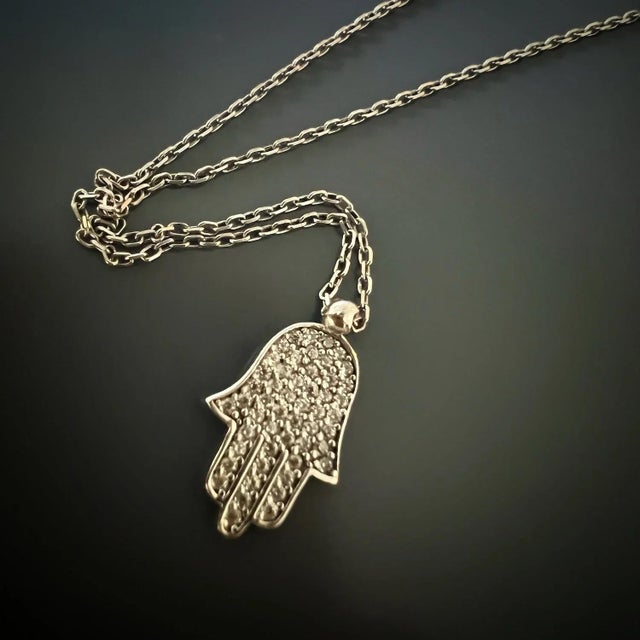 Early 21st Century Dainty Diamond Hamsa Pendant Sterling Silver Chain Necklace For Sale - Image 5 of 8