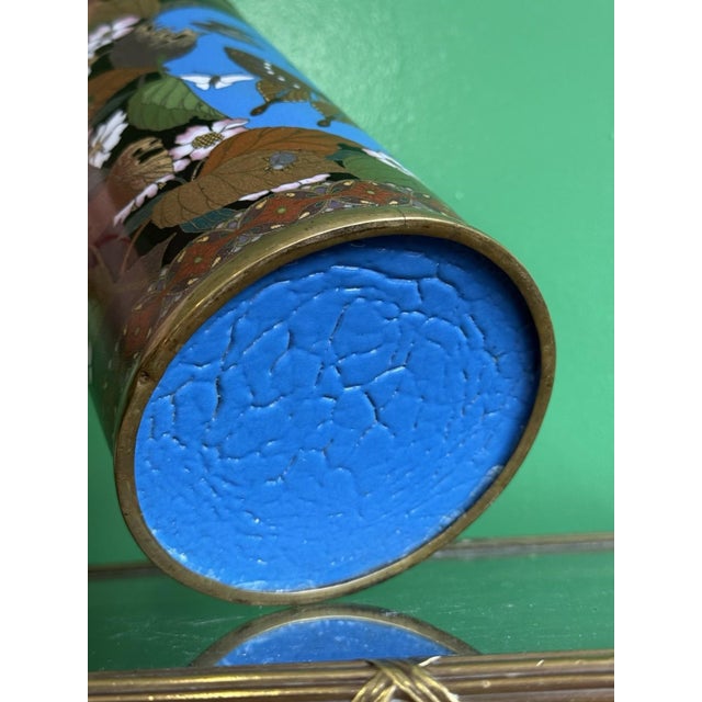 Meiji Period Japanese Cloisonne Enamel Vase With Birds Butterflies and Insects For Sale - Image 14 of 18