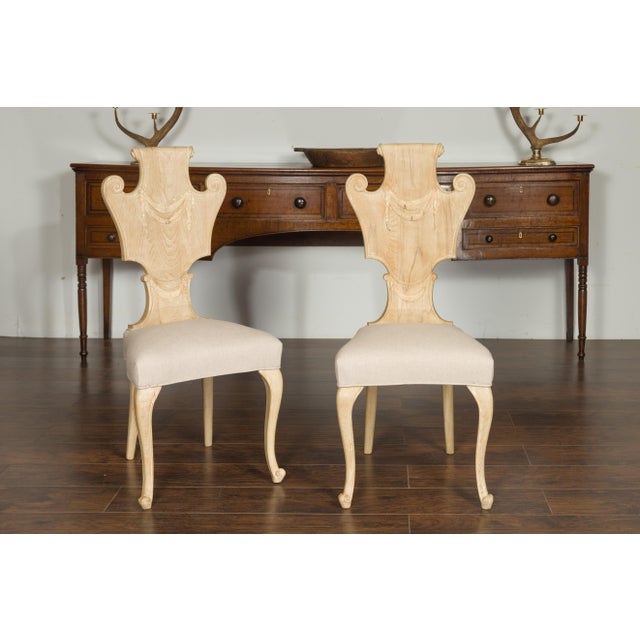 Set of Six Italian Midcentury Bleached Walnut Dining Room Chairs with Scrolls For Sale In Atlanta - Image 6 of 12