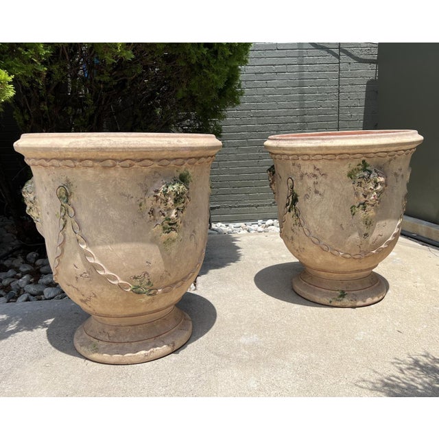 Pair of French Garden Pots From Anduze With Antiqued Patina, Mascarons and Swags For Sale - Image 14 of 16