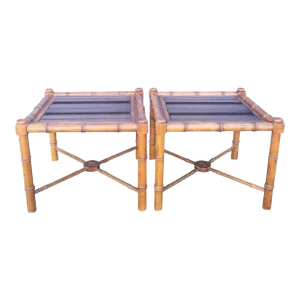 Vintage Large Faux Bamboo Glass Top Brown Square Palm Beach Regency Side End Tables- a Pair