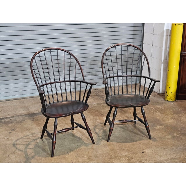 Richard Dimes Company Late 20th Century Pair of d.r. Dimes Sack Back Windsor Arm Chairs Bench Made Black Crackle Finish For Sale - Image 4 of 8