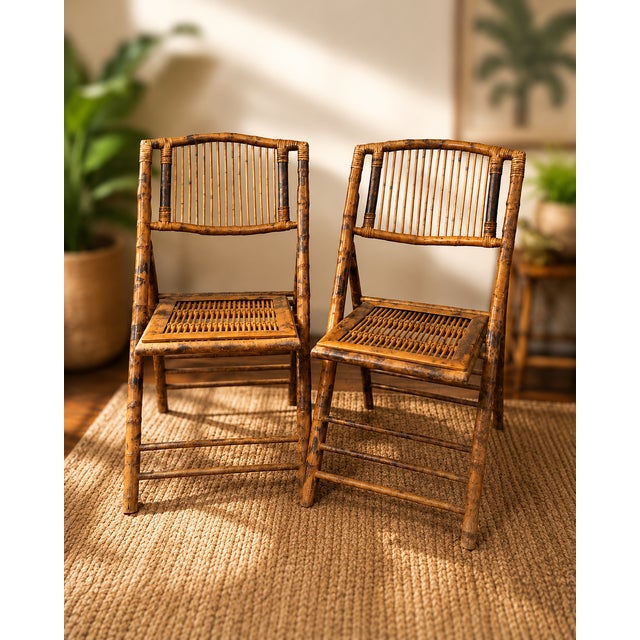 Rustic 1950s Boho Chic Bamboo & Rattan Folding Chairs, Pair For Sale - Image 3 of 13