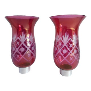 Antique Victorian Cranberry Uricane Glass Shades-A Pair For Sale