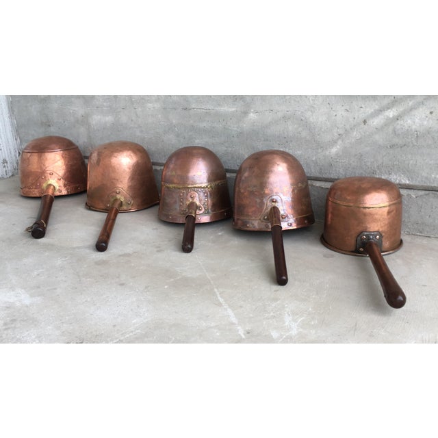 About Great collection of antique Spanish handmade and forged copper cook pans - pots from the 1800s. The perfect...
