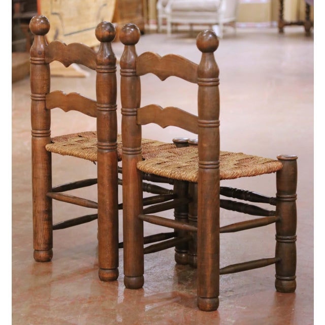 Brown Pair of Early 20th Century French Provincial Low Oak Chairs With Rush Seats For Sale - Image 8 of 9