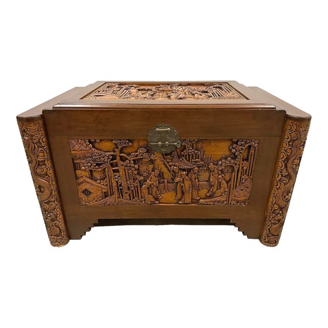 Early 20th Century Chinese Carved Dragon Camphor Wood Hope Chest For Sale