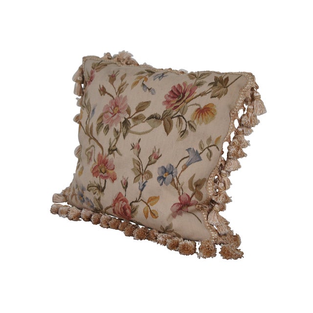 Modern Late 20th Century Embroidered Pink & Blue Floral Down Filled Throw Pillow With Tassels For Sale - Image 3 of 10