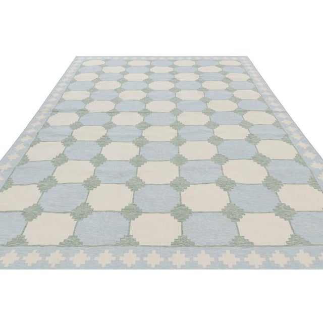 2010s Rug & Kilim’s Contemporary Dhurrie in Blue With Teal and Cream Geometric Patterns For Sale - Image 5 of 7