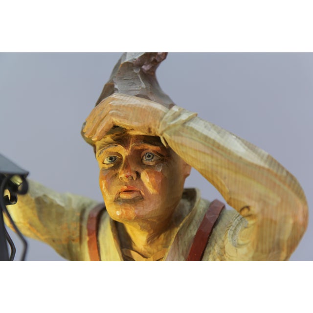 Large Hand-Carved Wooden Sculpture Man with a Lantern, 1930s For Sale - Image 4 of 18