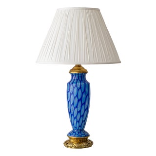 Antique Art Deco Bohemian Blue Art Glass Table Lamp with Cast Brass Base, Former Czechoslovakia For Sale