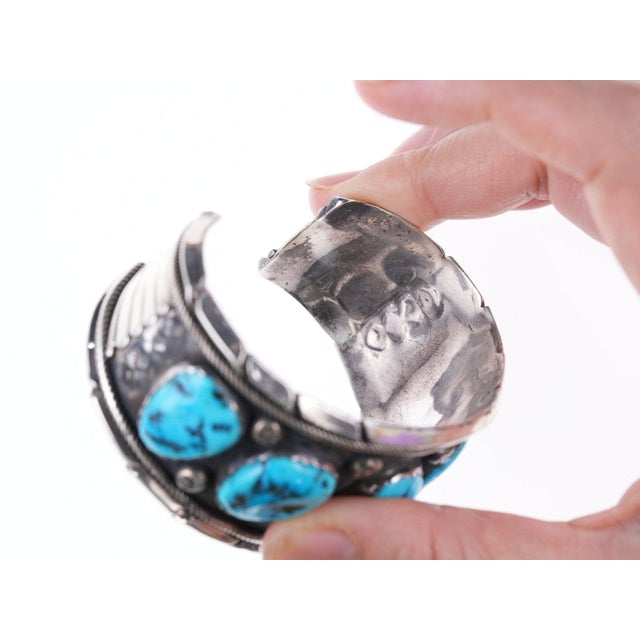 Silver 7.25" Large Navajo Sterling and turquoise bracelet For Sale - Image 8 of 11