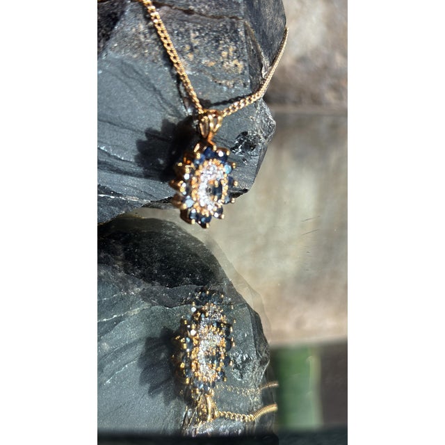 Vintage Victorian Revival Sapphire & Diamond Cluster Pendant Necklace With 14k Gold Chain For Sale In New York - Image 6 of 16