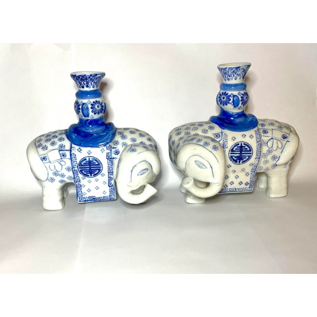Ceramic Vintage Blue Canton Chinoiserie Elephant Candlesticks - a Pair For Sale - Image 7 of 7