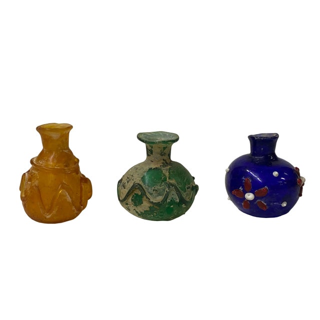 2020s Contemporary Distressed Look Color Glass Small Bottle Vases- 3 Pieces For Sale - Image 5 of 5