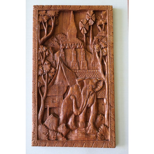 Late 20th Century Vintage Southeast Asian Carved Teak Elephant, House & Temple Relief on Silk For Sale - Image 5 of 15