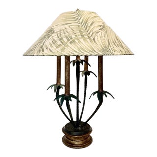 Vintage Tyndale for Frederick Cooper Cast Iron 2-Light Palm Tree Table Lamp With Original Shade For Sale