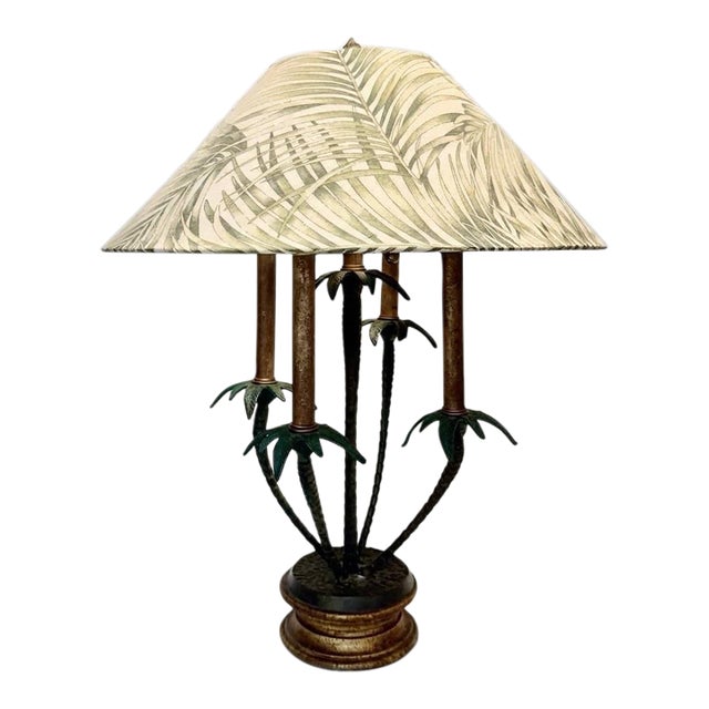 Vintage Tyndale for Frederick Cooper Cast Iron 2-Light Palm Tree Table Lamp With Original Shade For Sale