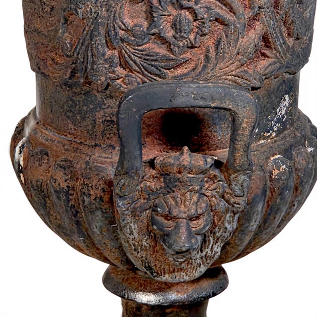 Pair of Antique French Cast Iron Campana Garden Urns With Lion Mask Handles 24" For Sale - Image 10 of 10