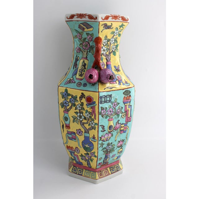 Yellow Antique Chinese Porcelain Hexagonal Vase, Famille Juane "Hundred Treasures" Rare For Sale - Image 8 of 18
