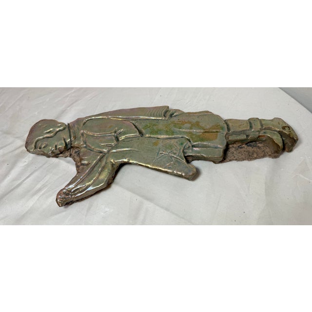 Big Antique Handmade Figural Green Iridescent Glaze Man Pottery Wall Tile Art For Sale - Image 11 of 11