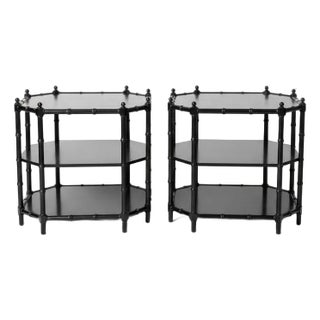 1970s Regency Style Faux Bamboo Black Lacquer Side Tables Att. Baker Furniture - Pair For Sale