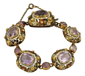 Amethyst & Enamel 14k Gold Fancy Cushion Link Bracelet