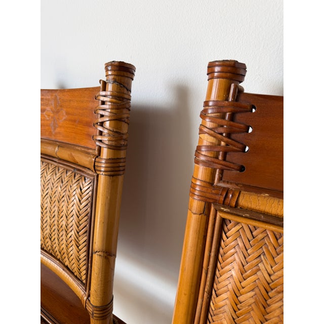 Vintage Coastal Organic Bamboo & Rattan With Leather Wrapped Bar Stools - A Pair For Sale - Image 11 of 13