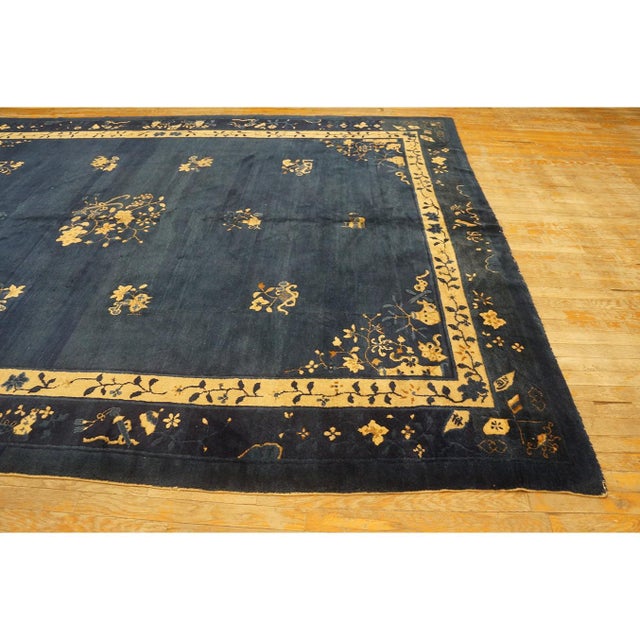 Textile 1900s Floral Deco Blue Navy Antique Chinese Peking Room Size Knotted Wool Rug For Sale - Image 7 of 11