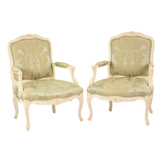 Scalamandré Silk Fauteuil Chairs, Louis XV Style, Painted Carved Frame, Restored Vintage Seating For Sale