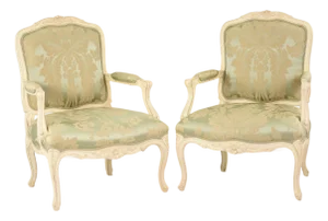 Scalamandré Silk Fauteuil Chairs, Louis XV Style, Painted Carved Frame, Restored Vintage Seating