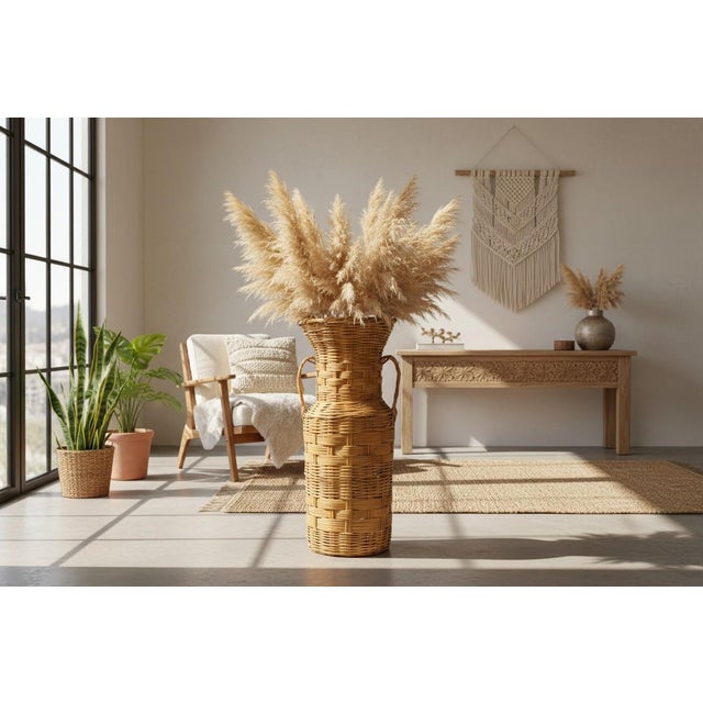 Bring warm, natural texture to your space with this 1970s Boho Wicker Floor Vase — a beautifully handwoven rattan accent...