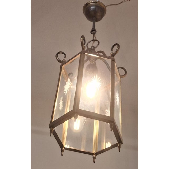 1970s Vintage Ceiling Lamp in the Shape of Lantern with Filigree Brass Frame and Polished Discs, 1970s For Sale - Image 5 of 7