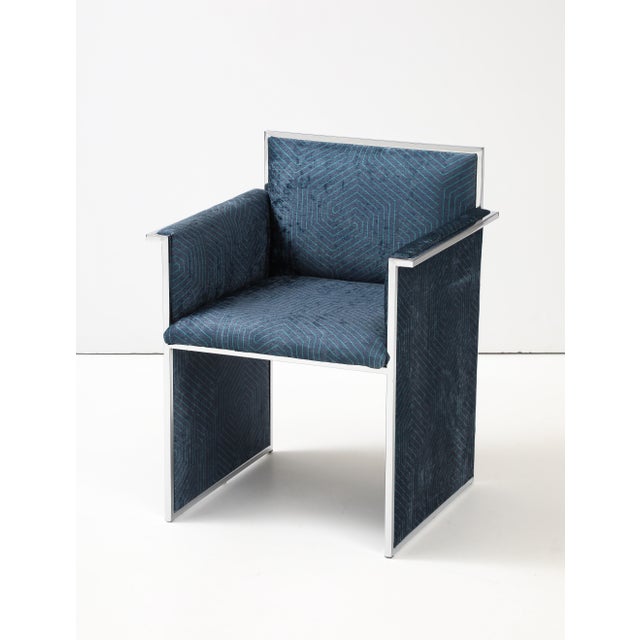 Amazing set of 6 streamline chrome Italian dining chairs in the style of Willy Rizzo, newly re-upholstered in Chenille...