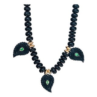 Black Onyx and Tsavorite Paisley Necklace, 14k Gold For Sale