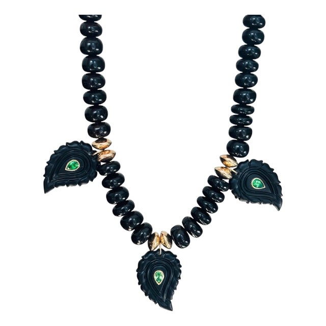 Black Onyx and Tsavorite Paisley Necklace, 14k Gold For Sale