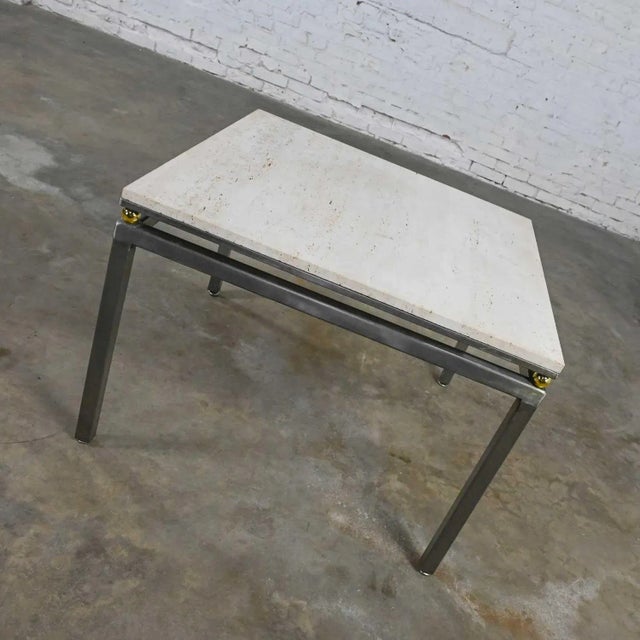 Modern Custom Tube Steel End Table With Travertine Top & Brass Plate Sphere Details by Jensen Design Inc For Sale - Image 4 of 13