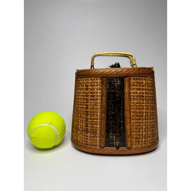 Coastal Rattan Embossed Black Metal and Wood Basket For Sale In Houston - Image 6 of 12